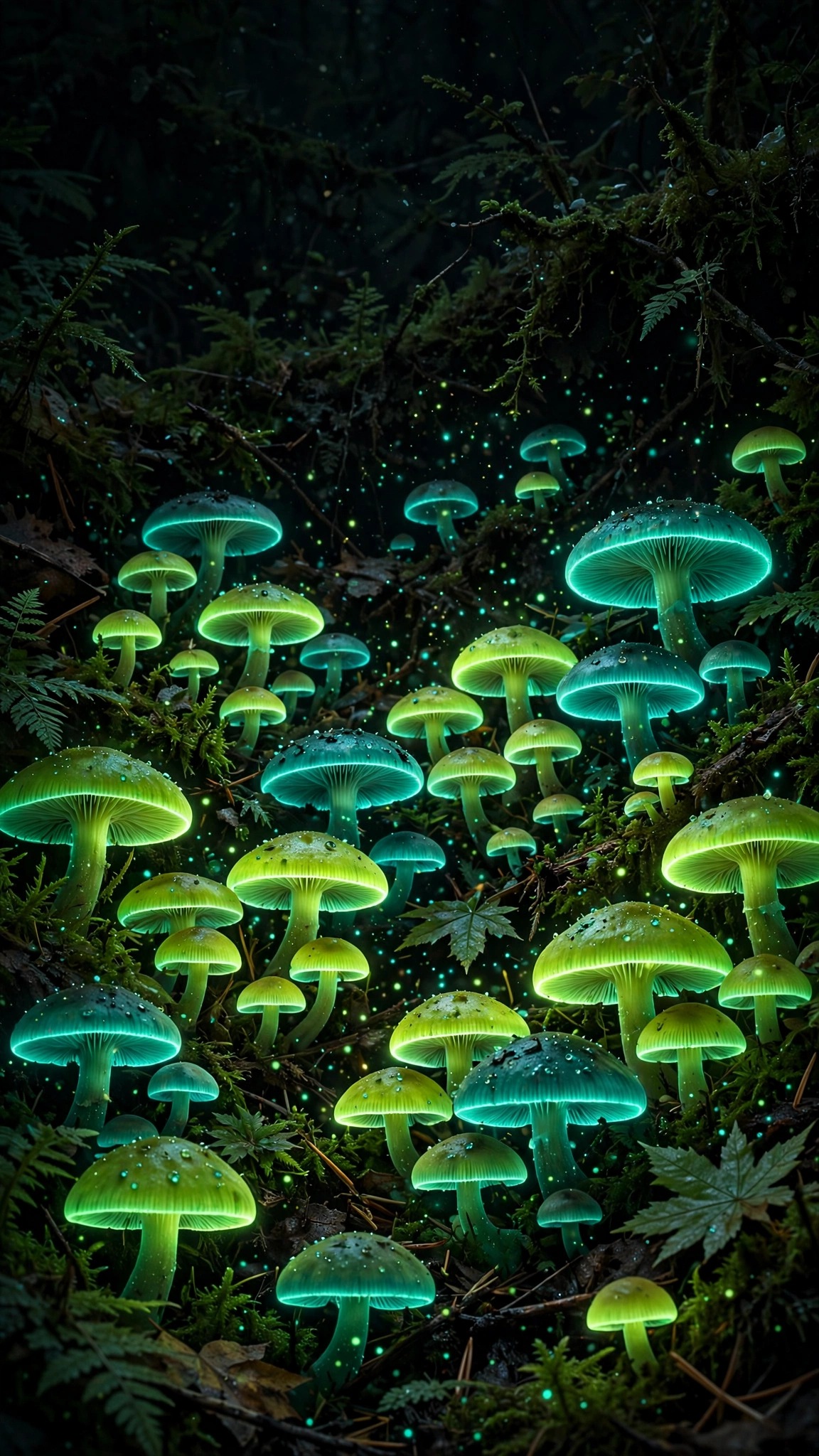 Glowing bioluminescent mushrooms lighting a dark forest floor