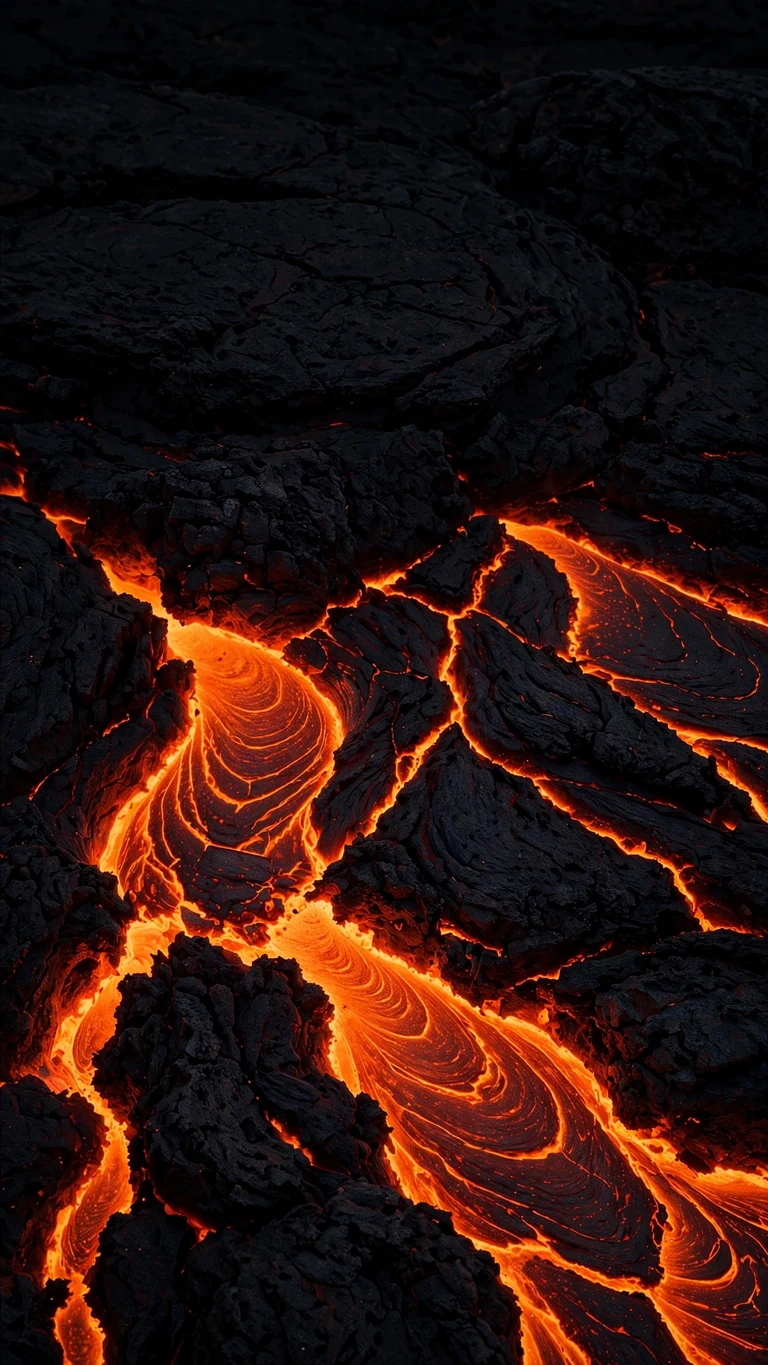 Glowing lava cracks in black volcanic rock at night