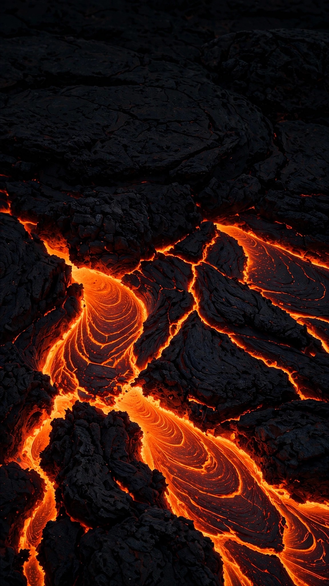 Glowing lava cracks in black volcanic rock at night