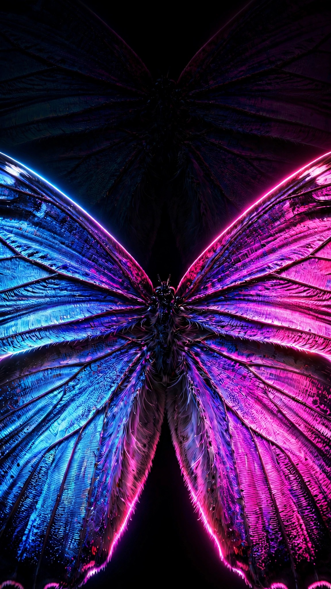 Neon butterfly wings in electric blue and magenta on black