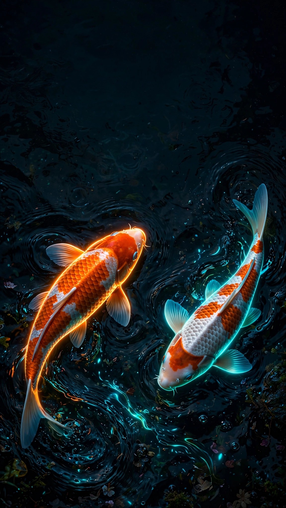 Two glowing koi fish in a dark midnight pond