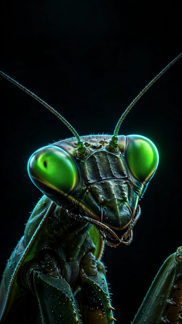 Praying mantis with glowing neon green compound eyes in darkness