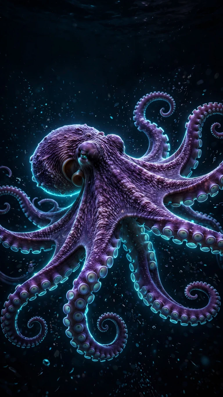 Violet octopus with glowing cyan tentacle edges in deep black water