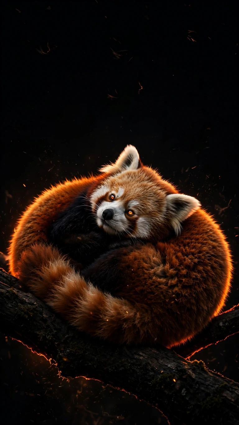 Red panda with ember-orange rim light and glowing amber eyes on a black background, vertical AMOLED wallpaper