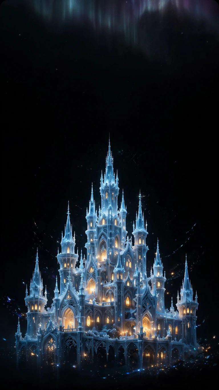 Glowing crystal castle with icy blue spires and golden windows under an aurora shimmer on black, AMOLED wallpaper