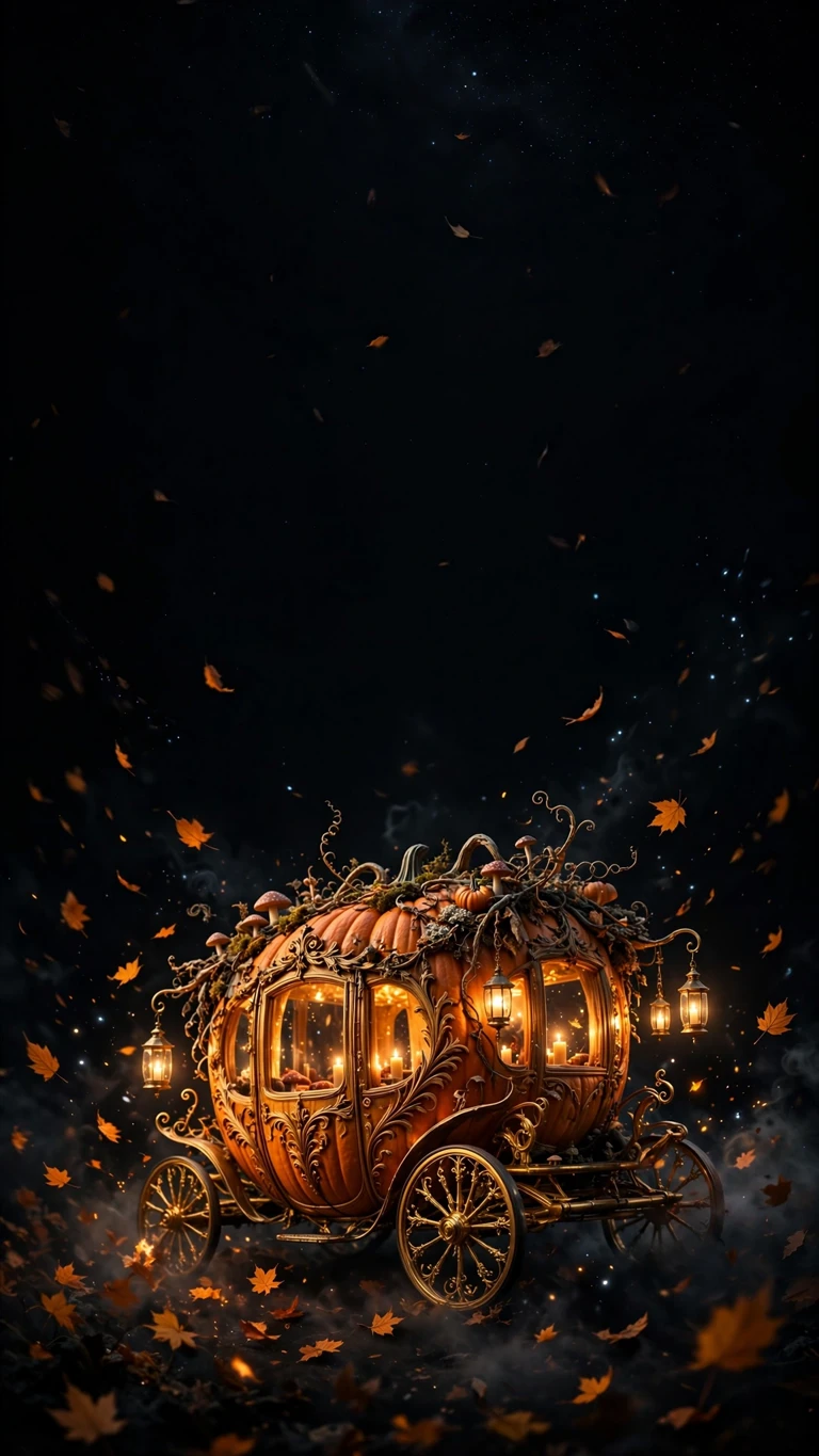 Glowing pumpkin carriage with golden wheels and lantern light in a black Halloween night, AMOLED wallpaper
