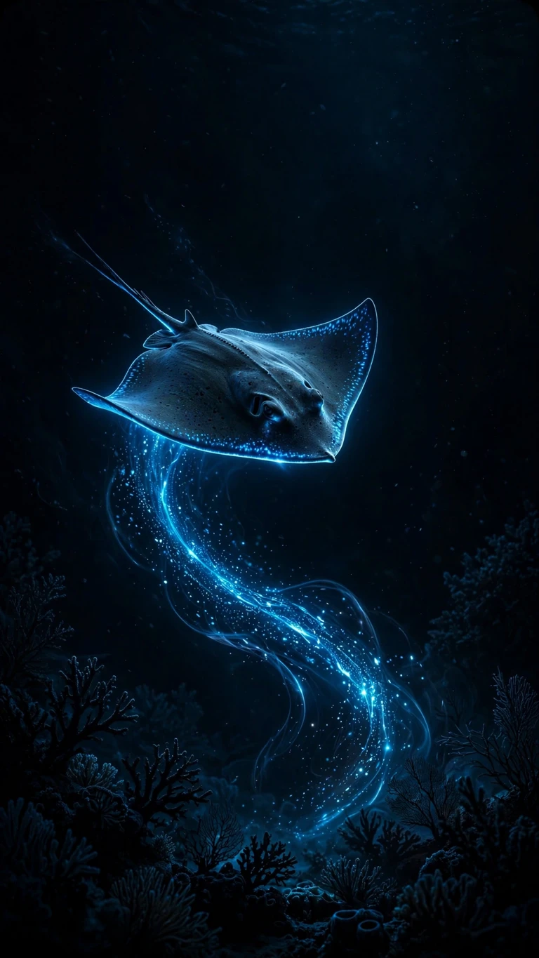 Glowing stingray with bioluminescent blue trail over a black abyss, vertical AMOLED wallpaper