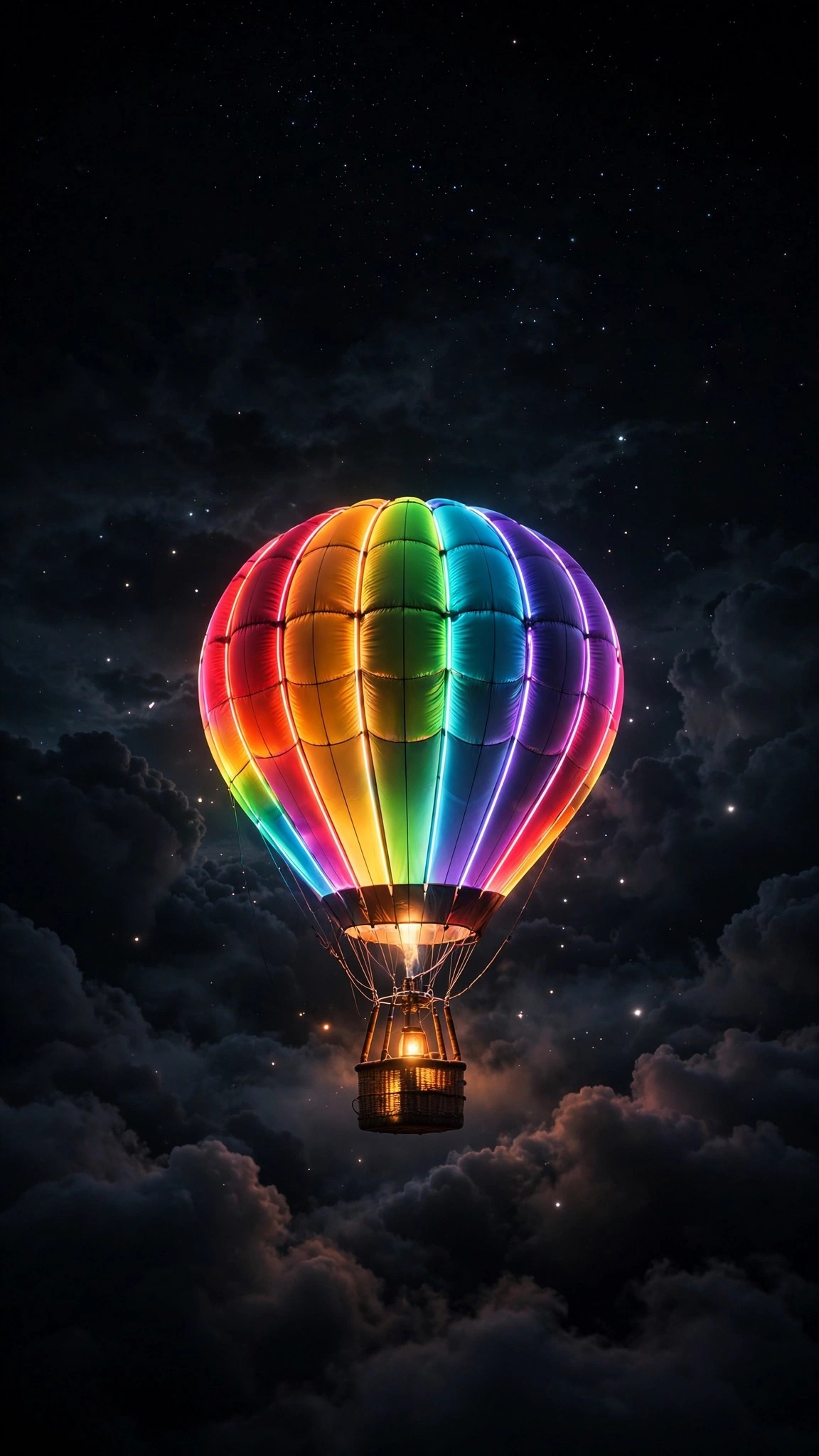 Neon hot air balloon with glowing rainbow panels drifting over black night clouds, AMOLED wallpaper