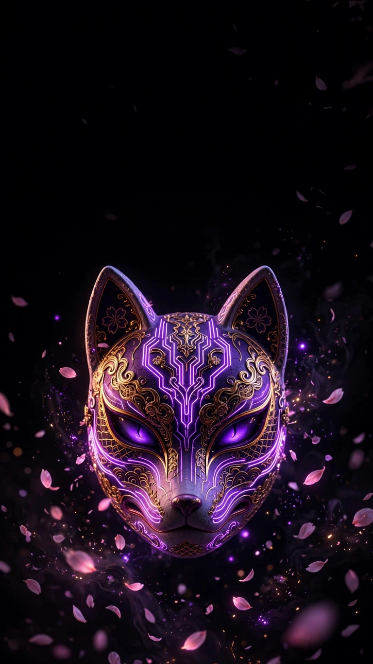 Neon kitsune fox mask with violet and gold glow and drifting cherry petals on black, AMOLED wallpaper