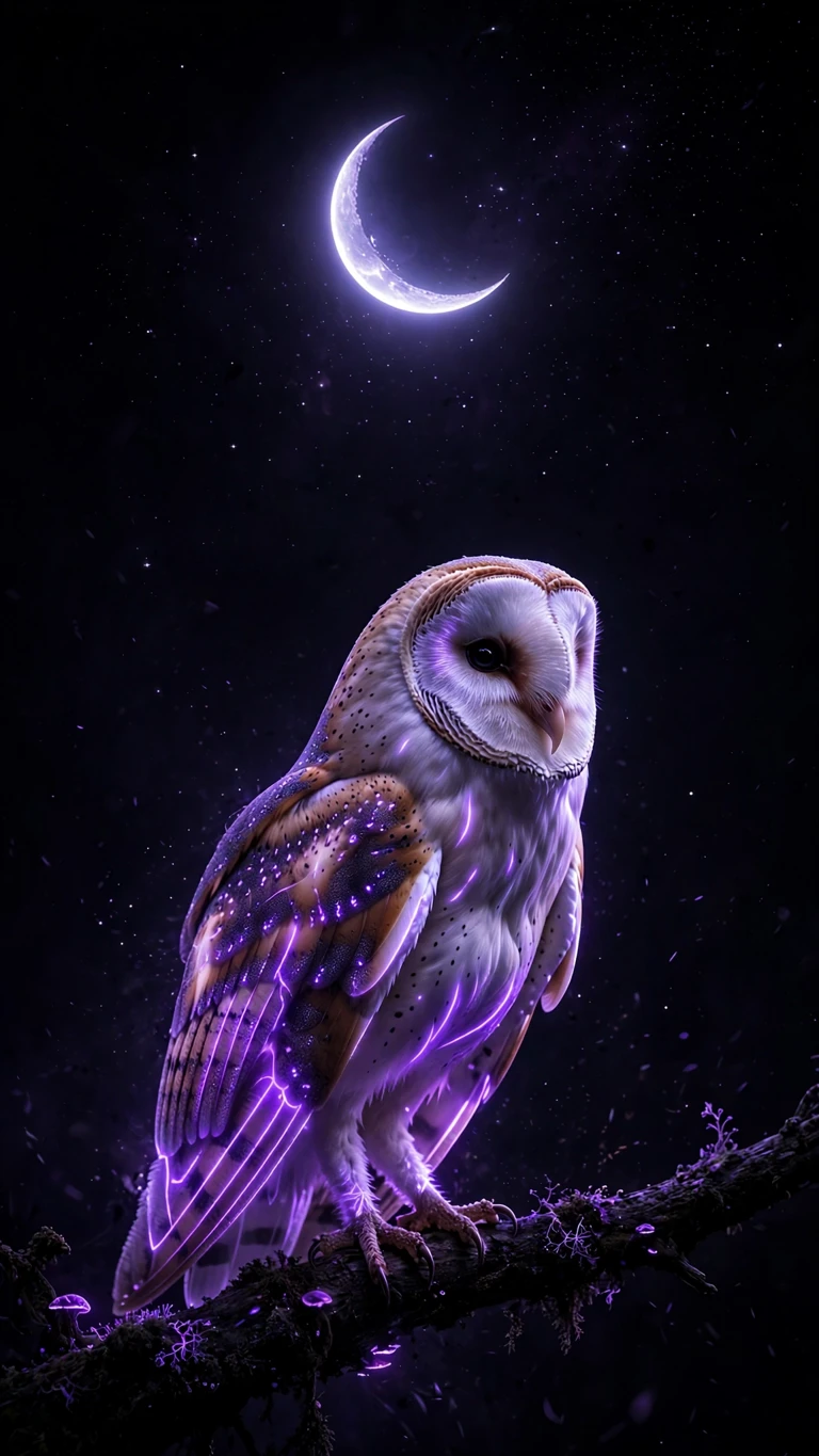 Neon barn owl with glowing violet wings under a crescent moon on black, AMOLED wallpaper