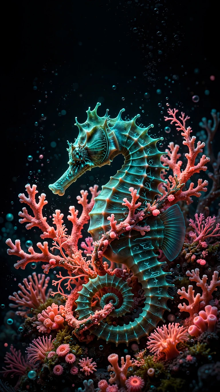 Neon seahorse curled around glowing coral with tiny light bubbles on black, AMOLED wallpaper