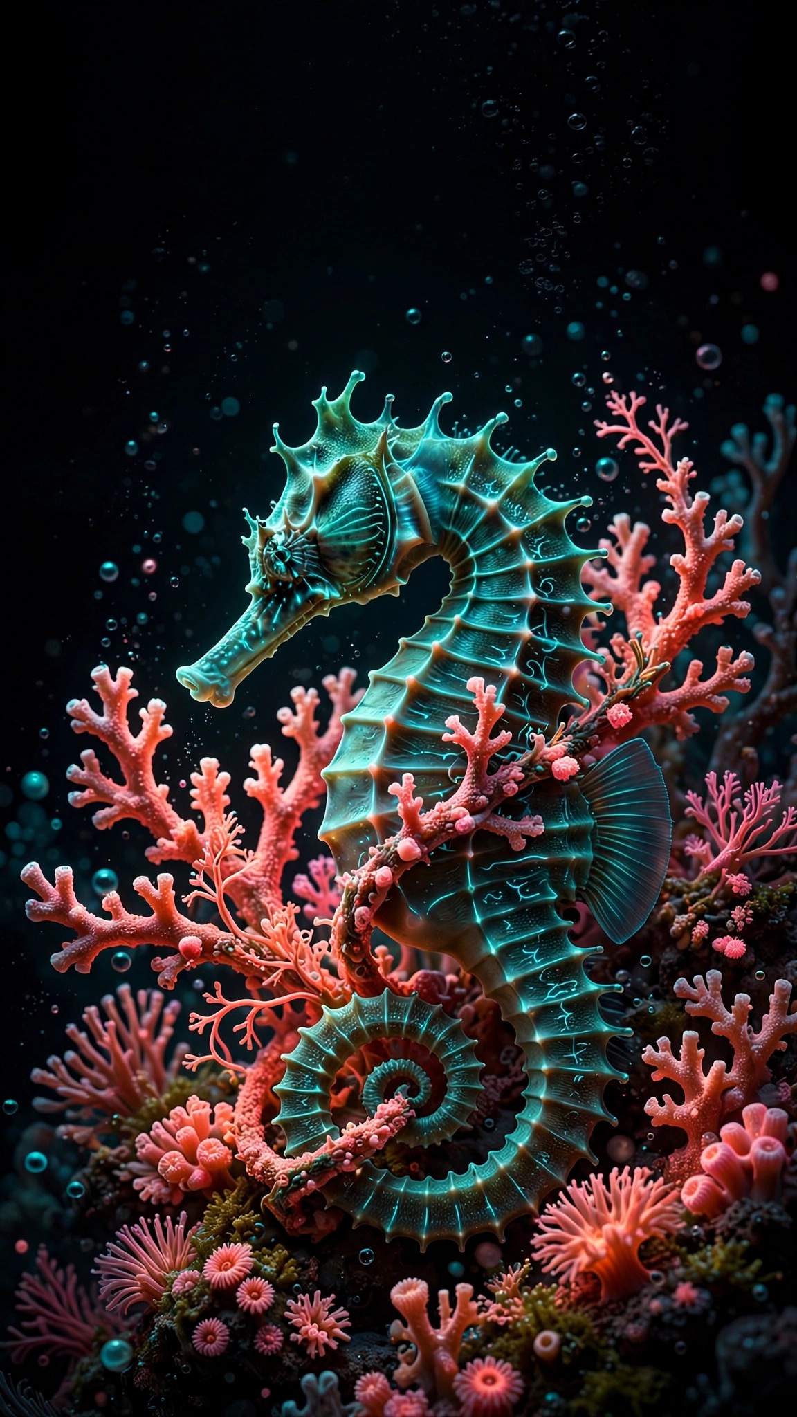 Neon seahorse curled around glowing coral with tiny light bubbles on black, AMOLED wallpaper