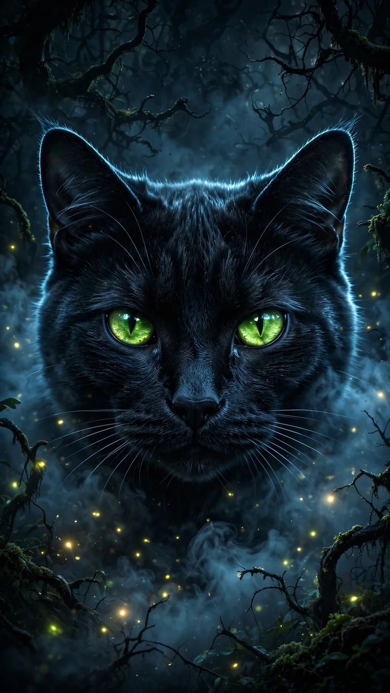 Black cat with glowing green eyes in a foggy moonlit forest, vertical AMOLED wallpaper