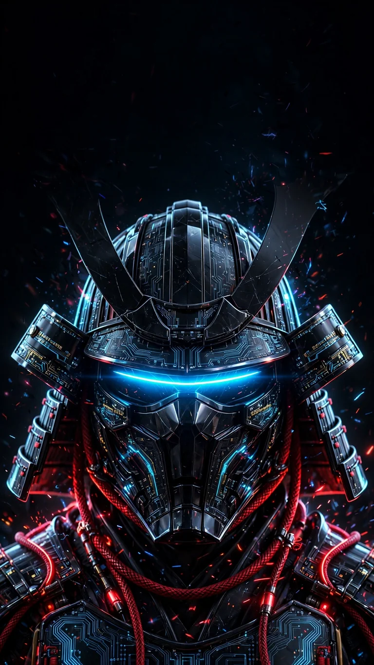 Cyberpunk samurai helmet with glowing neon-blue visor on black, vertical AMOLED wallpaper