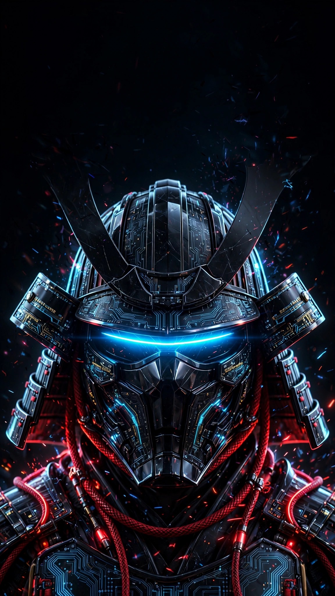 Cyberpunk samurai helmet with glowing neon-blue visor on black, vertical AMOLED wallpaper