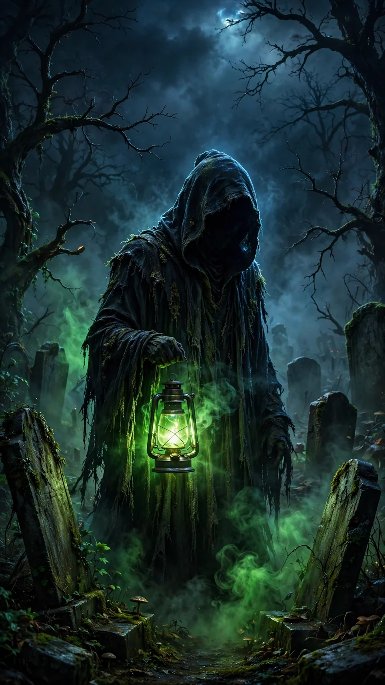 Hooded figure holding a glowing green lantern in a foggy cemetery, vertical AMOLED wallpaper