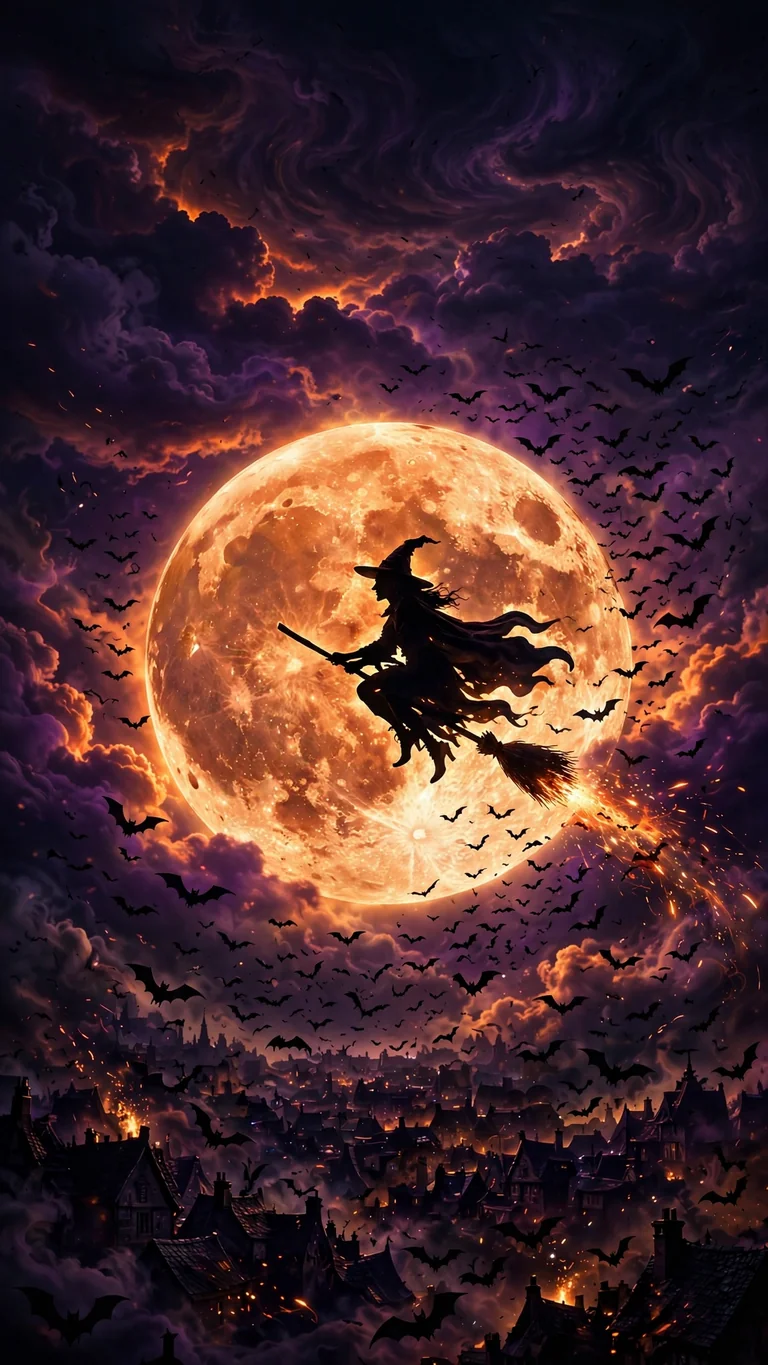 Witch silhouette on broomstick flying across a giant full moon with bats, vertical AMOLED wallpaper