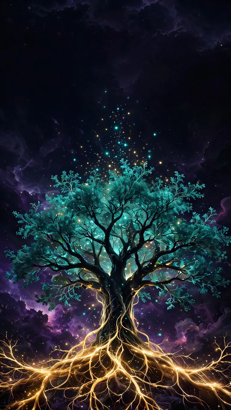 Bioluminescent tree of life with teal branches and golden roots, AMOLED wallpaper