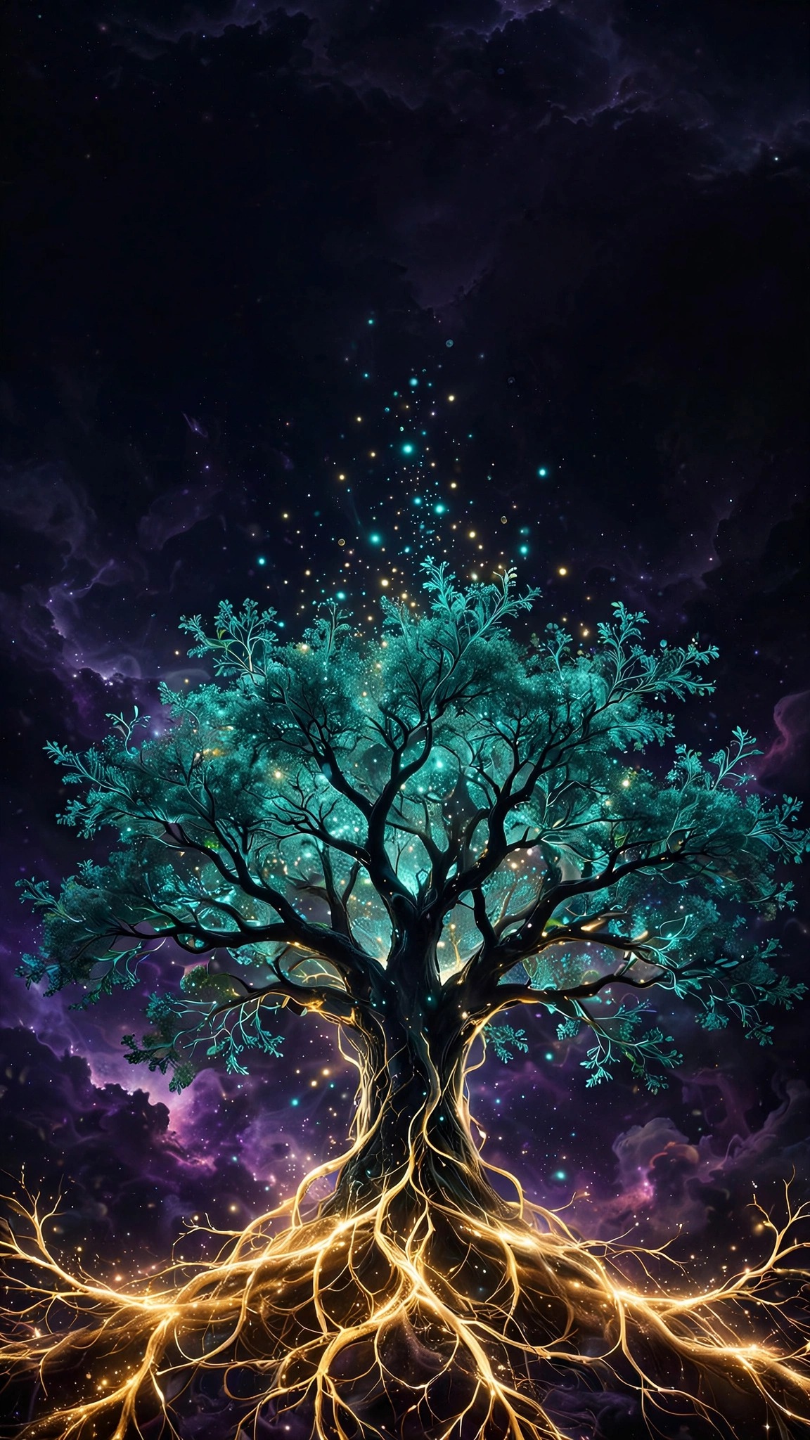 Bioluminescent tree of life with teal branches and golden roots, AMOLED wallpaper