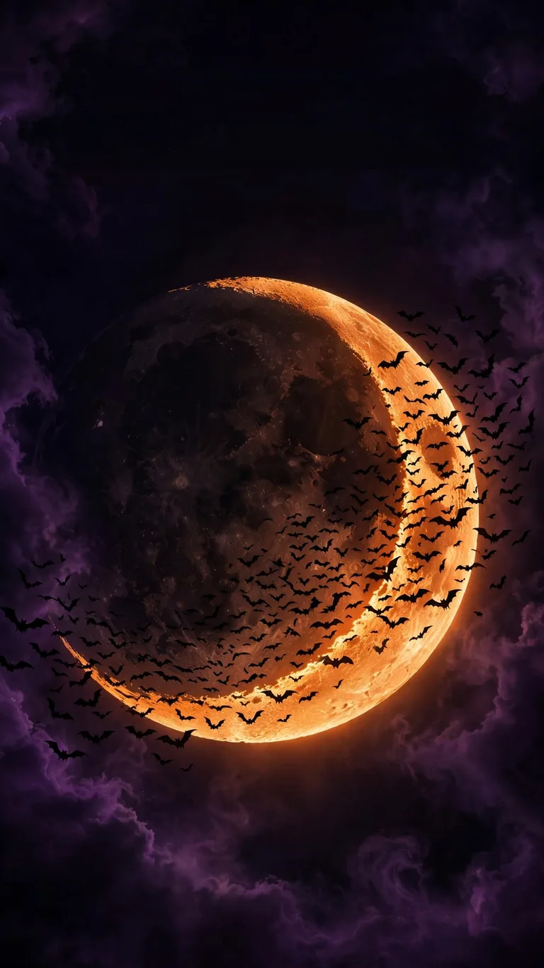 Orange crescent moon with bat swarm on black Halloween night, AMOLED wallpaper