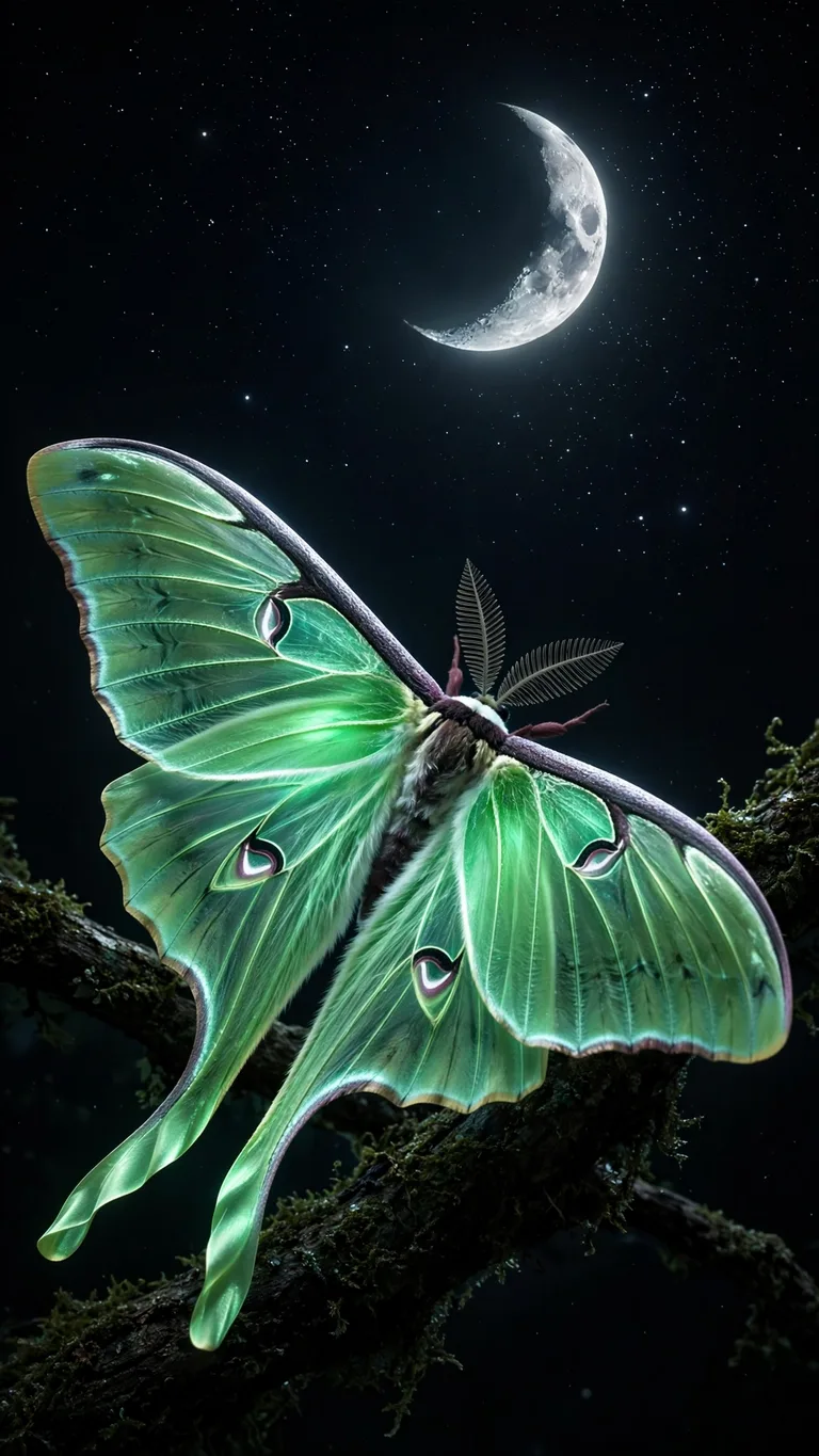 Luna moth with glowing jade wings under crescent moon, AMOLED wallpaper