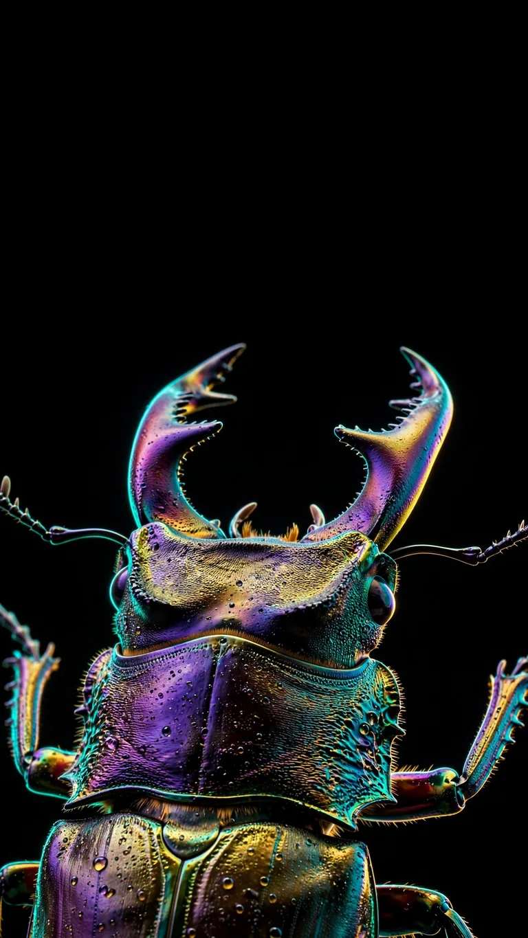 Iridescent stag beetle macro with violet teal and gold shell, AMOLED wallpaper