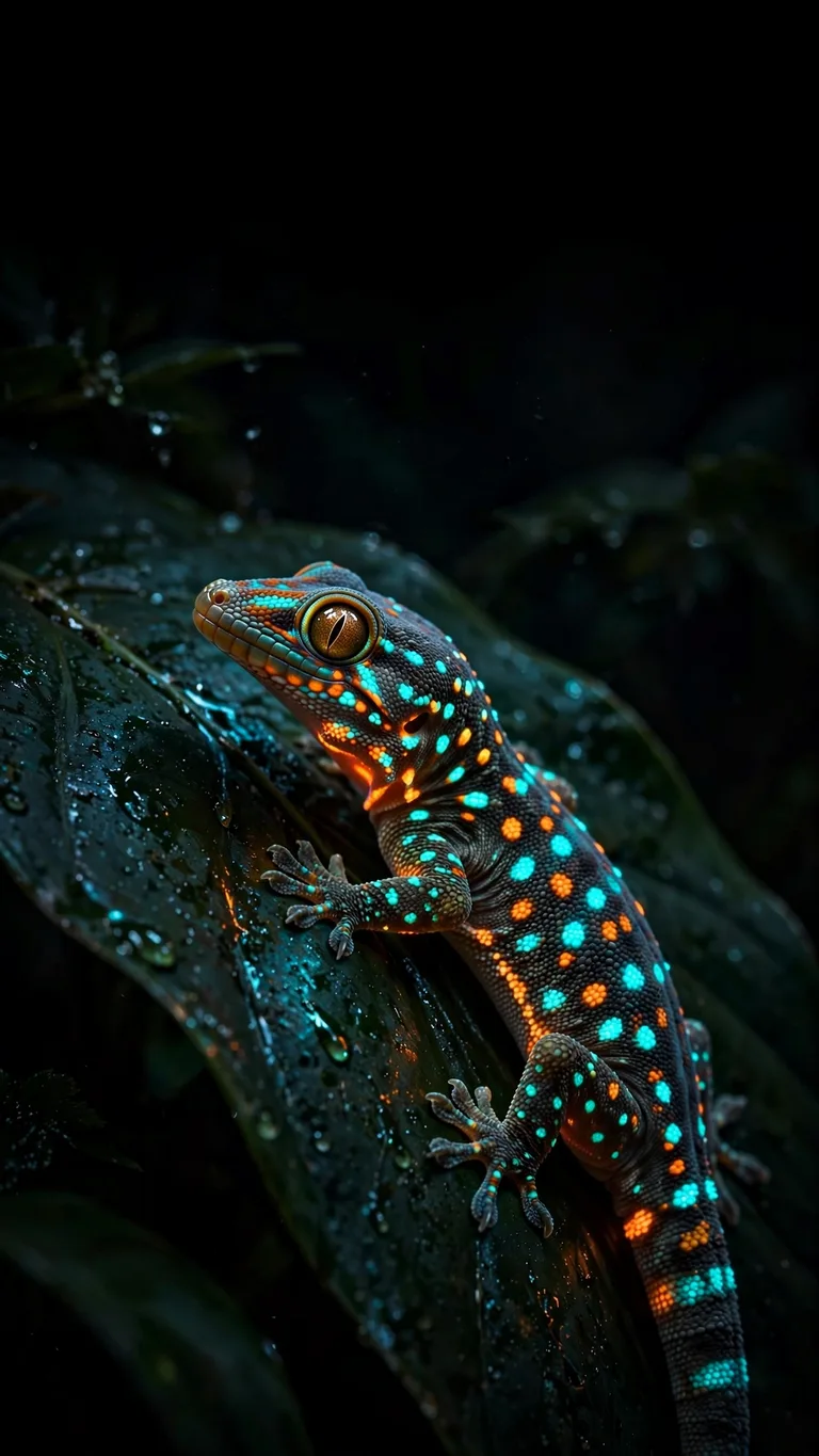 Tokay gecko with cyan and orange neon glow on a dark leaf, AMOLED wallpaper
