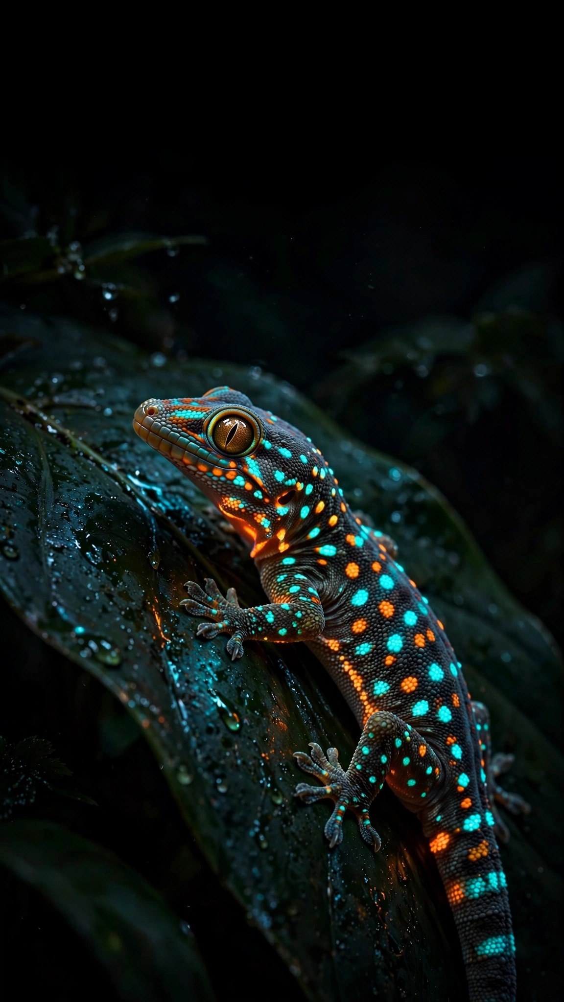 Tokay gecko with cyan and orange neon glow on a dark leaf, AMOLED wallpaper