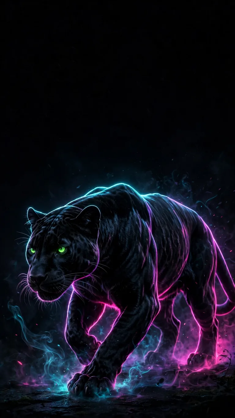 Black panther with cyan and magenta neon rim light, AMOLED wallpaper