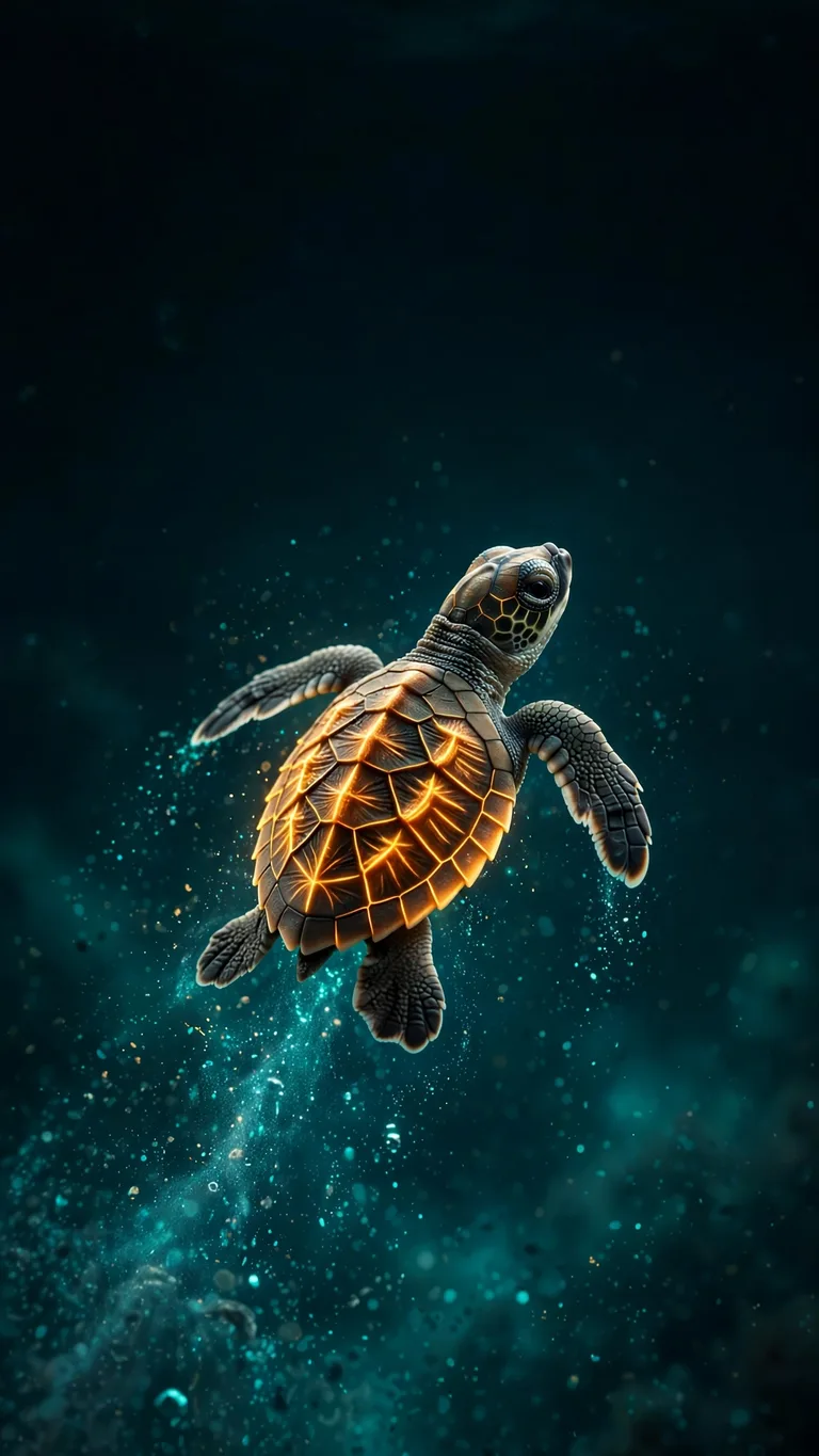 Baby sea turtle with glowing amber shell in dark water, AMOLED wallpaper