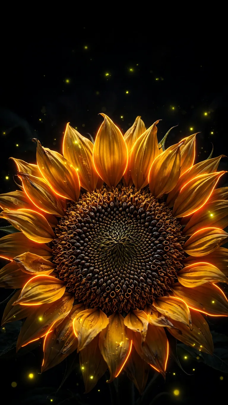Sunflower with orange neon rim light blooming in the dark, AMOLED wallpaper