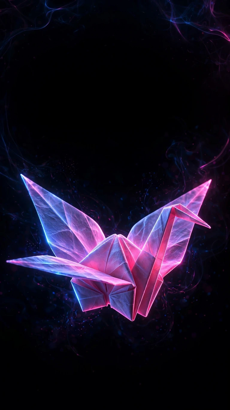 Glowing Neon Origami Crane, vertical amoled phone wallpaper