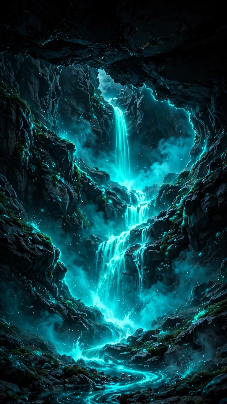 Neon Canyon Waterfall, vertical amoled phone wallpaper