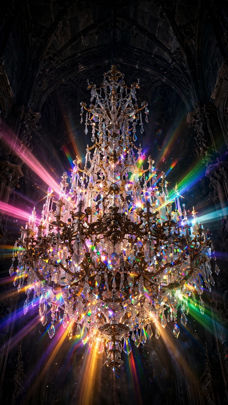 Crystal chandelier refracting rainbow light in a dark hall, vertical AMOLED wallpaper