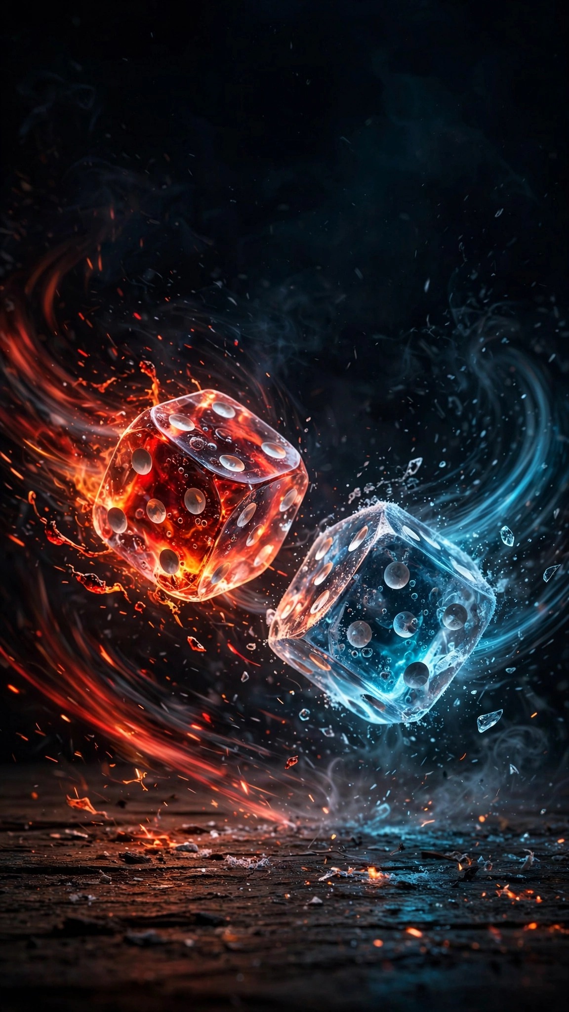 Glowing fire and ice dice rolling in the dark, vertical AMOLED wallpaper