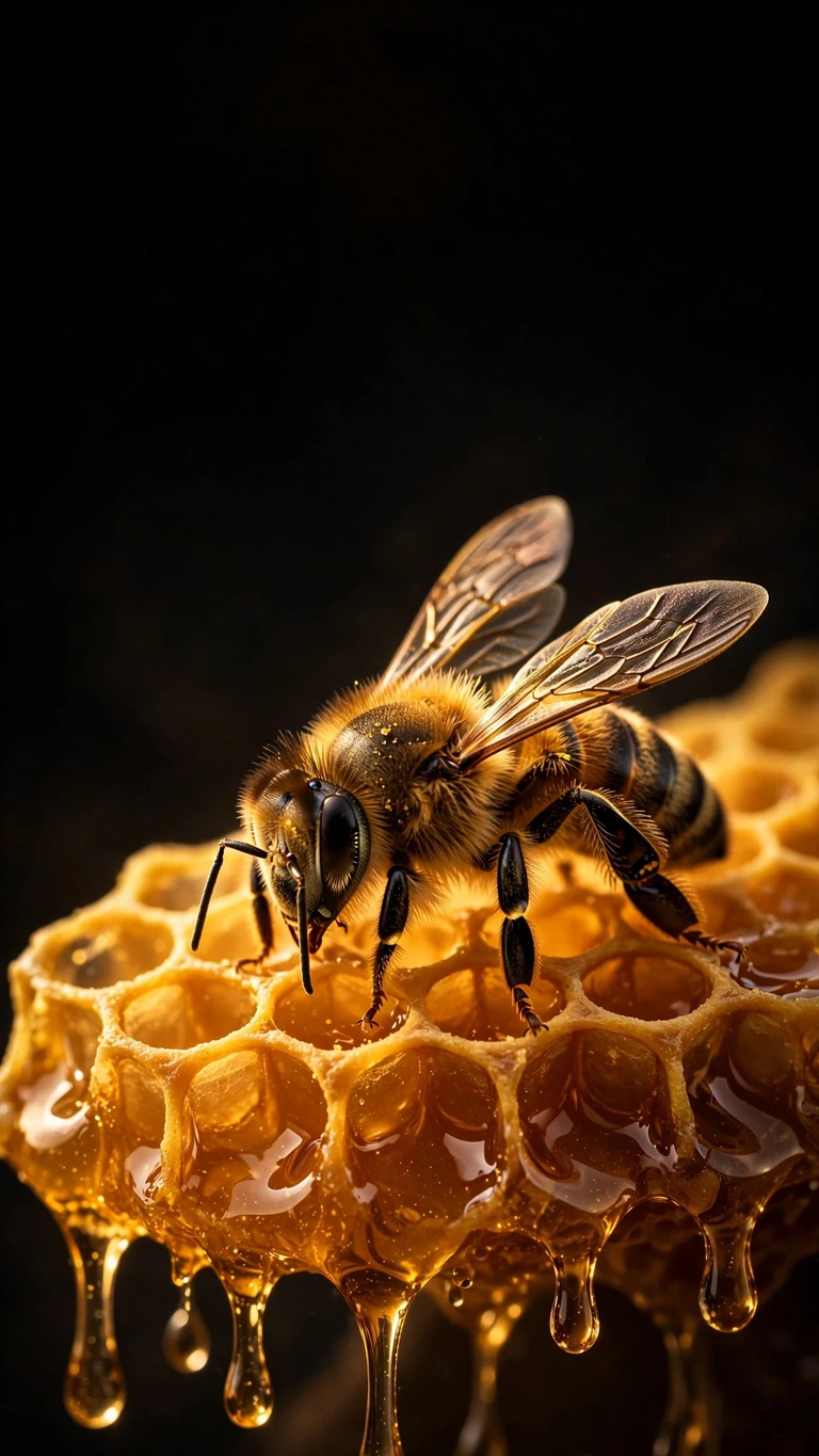 Macro honeybee on glowing golden honeycomb against black, vertical AMOLED wallpaper