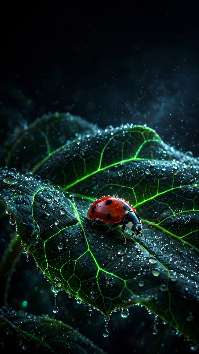 Ladybug on a glowing dew-covered leaf at night, vertical AMOLED wallpaper
