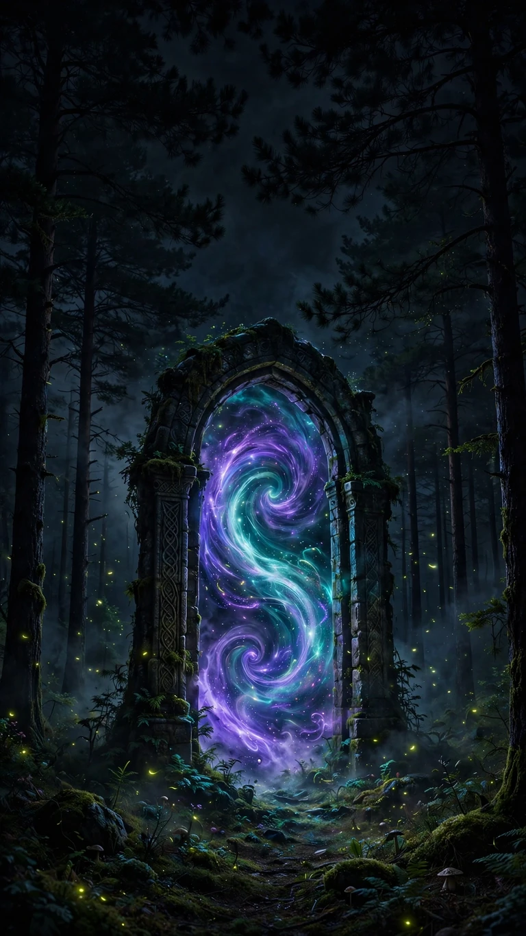 Glowing magic portal archway in a dark pine forest at night, vertical AMOLED wallpaper
