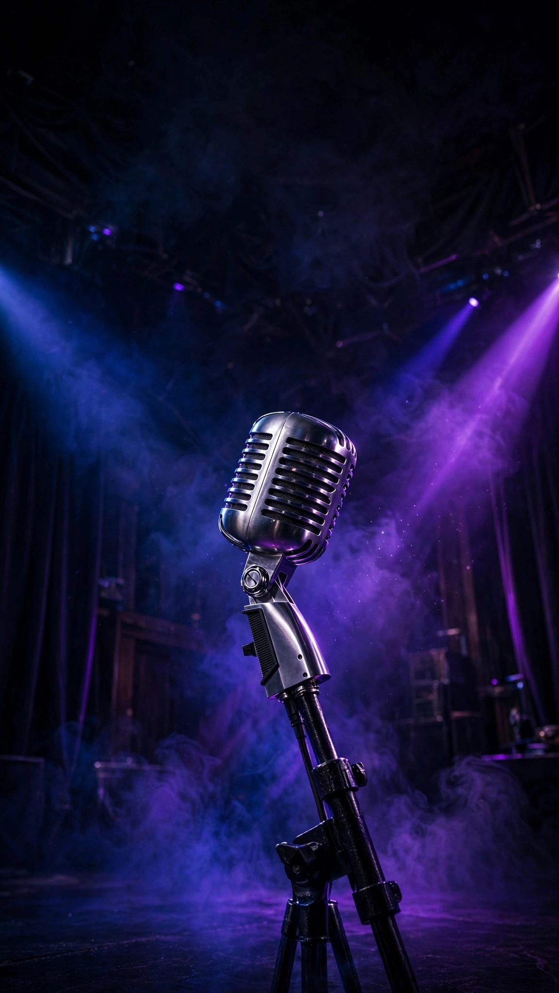 Vintage chrome microphone glowing under stage lights, vertical AMOLED wallpaper