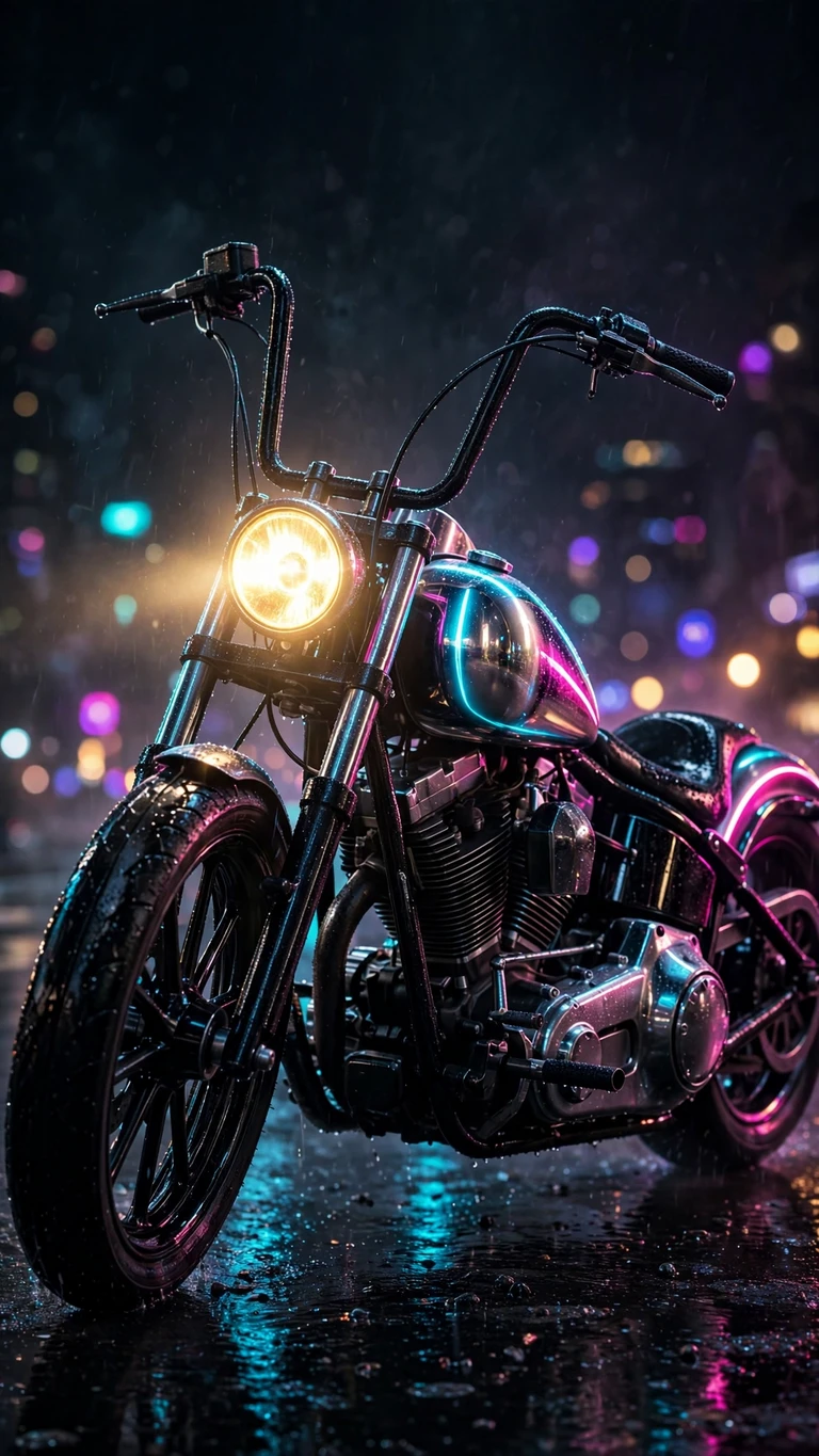 Custom neon-lit chopper motorcycle on wet asphalt at night, vertical AMOLED wallpaper