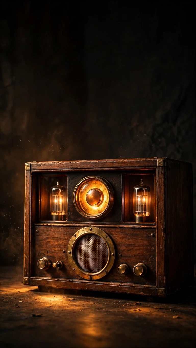 Vintage wooden radio with glowing amber dial, vertical AMOLED wallpaper