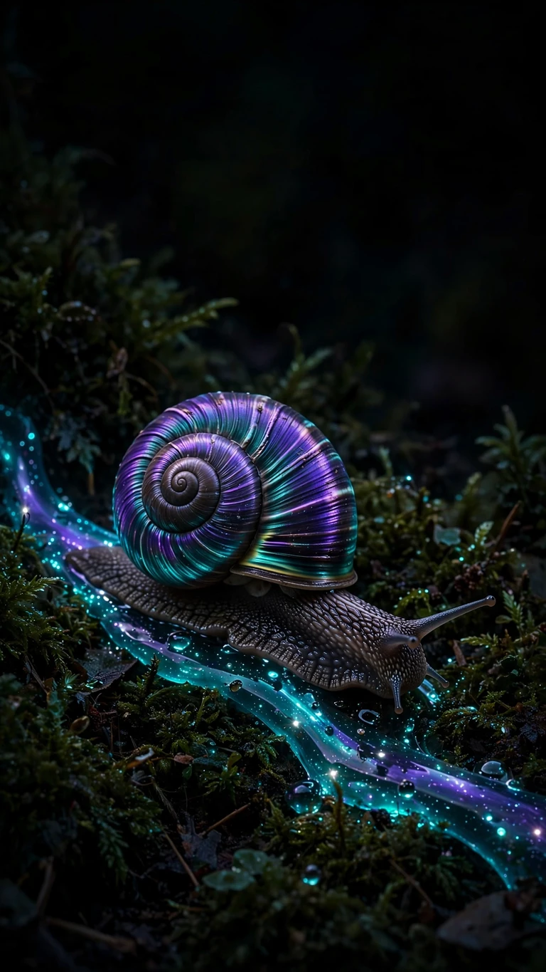 Snail with glowing iridescent shell on dark moss, vertical AMOLED wallpaper