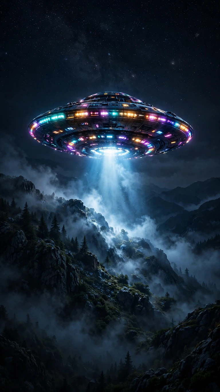 Glowing UFO hovering over dark mountains at night, vertical AMOLED wallpaper