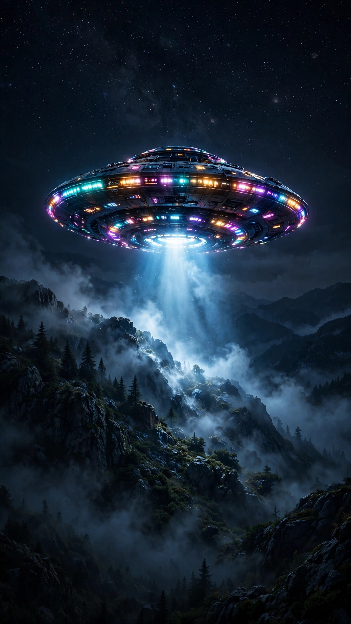 Glowing UFO hovering over dark mountains at night, vertical AMOLED wallpaper