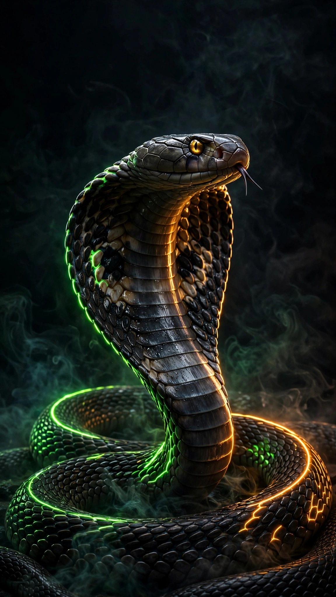 Neon rim-lit cobra with flared hood on black background, vertical AMOLED wallpaper