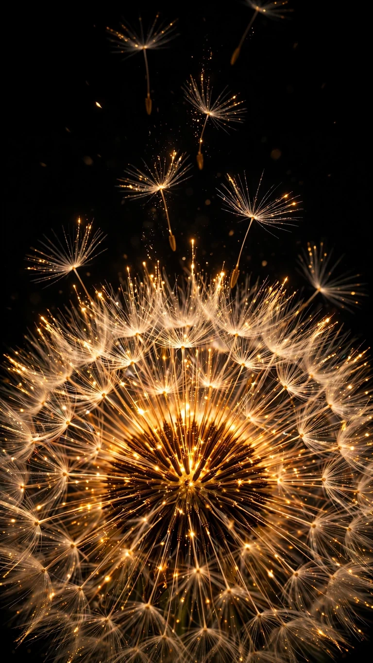 Glowing dandelion seeds macro on black background, vertical AMOLED wallpaper