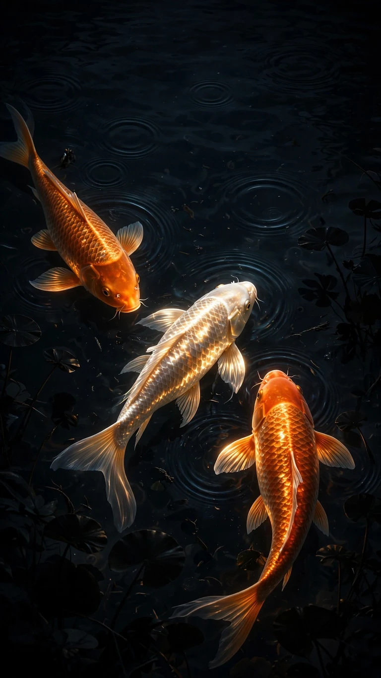 Glowing koi fish in black pond water at night, vertical AMOLED wallpaper