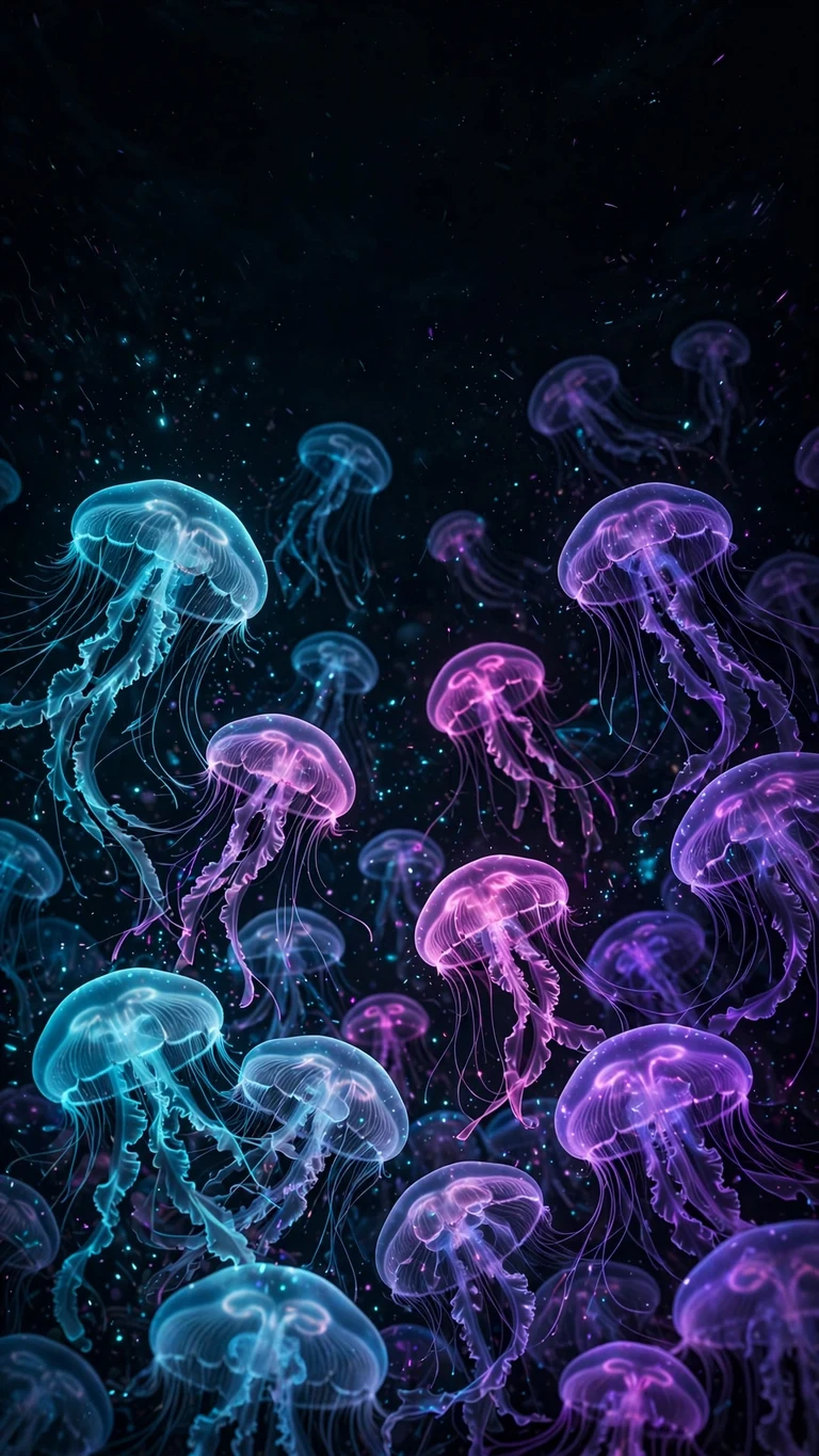 Glowing jellyfish swarm drifting through black deep ocean, vertical AMOLED wallpaper