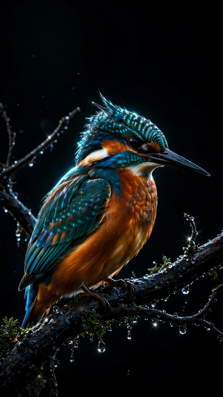 Colorful kingfisher bird on branch at night on black, vertical AMOLED wallpaper