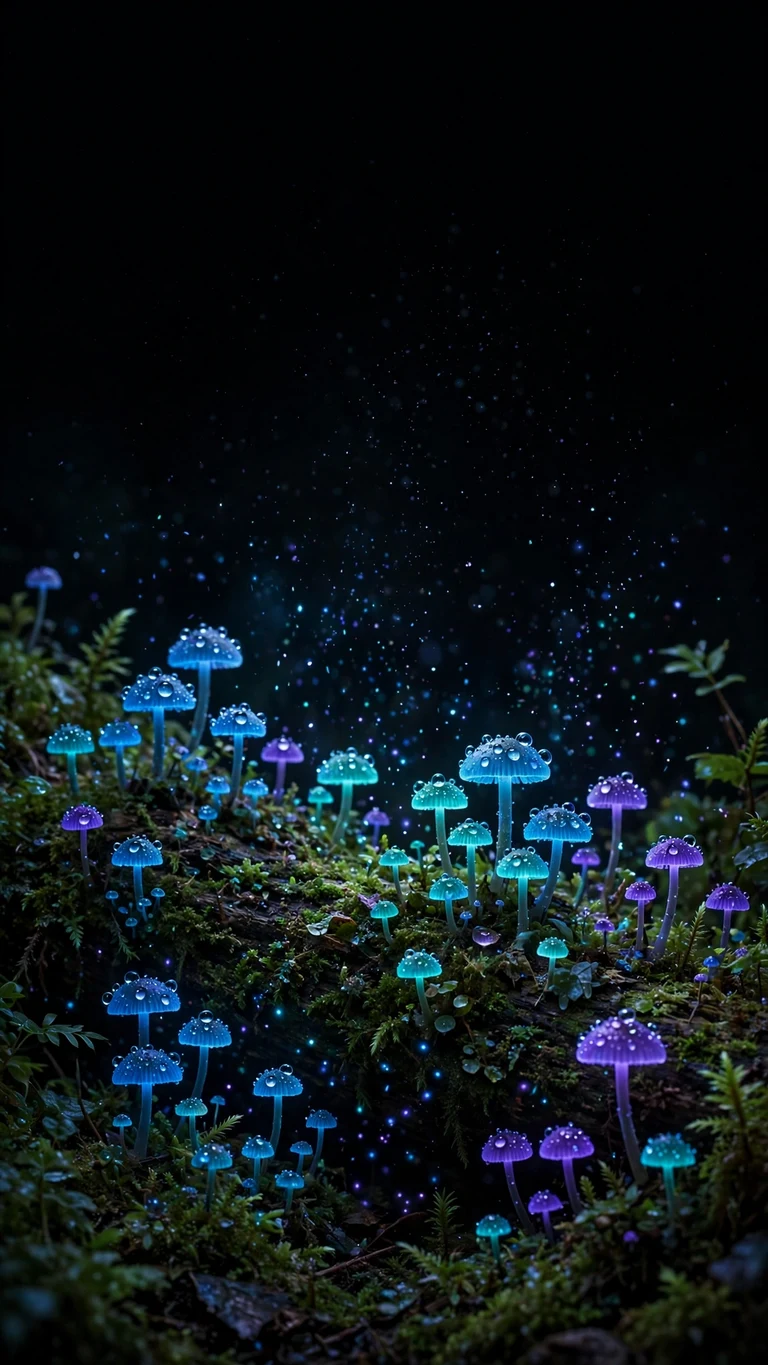 Bioluminescent blue mushrooms glowing in dark forest, vertical AMOLED wallpaper